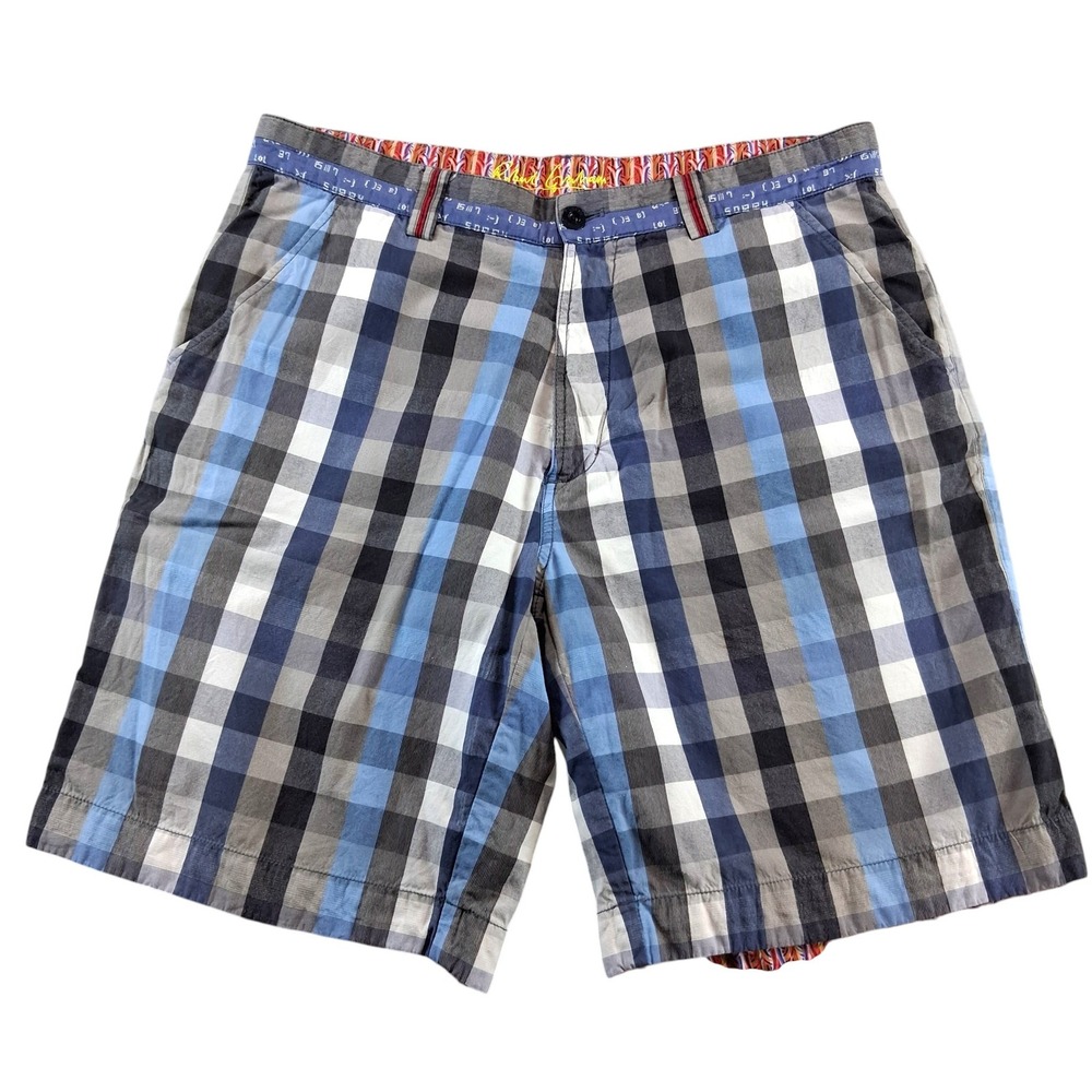Robert Graham Plaid Shorts Mens 36 Blue Grey Black Casual Cotton Flip Hem